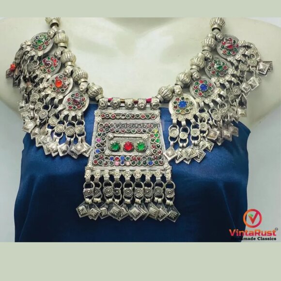 Beaded Chain Coins Afghan Necklace, Multicolor Glass Stone Gypsy Necklace - Picture 1 of 10